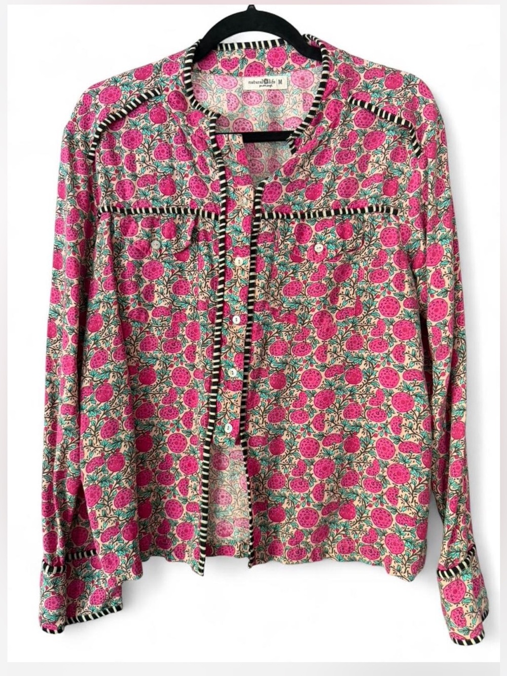 NATURAL LIFE Calypso Pink Floral Button-Down with Black & white striped Trim - Picture 2 of 7